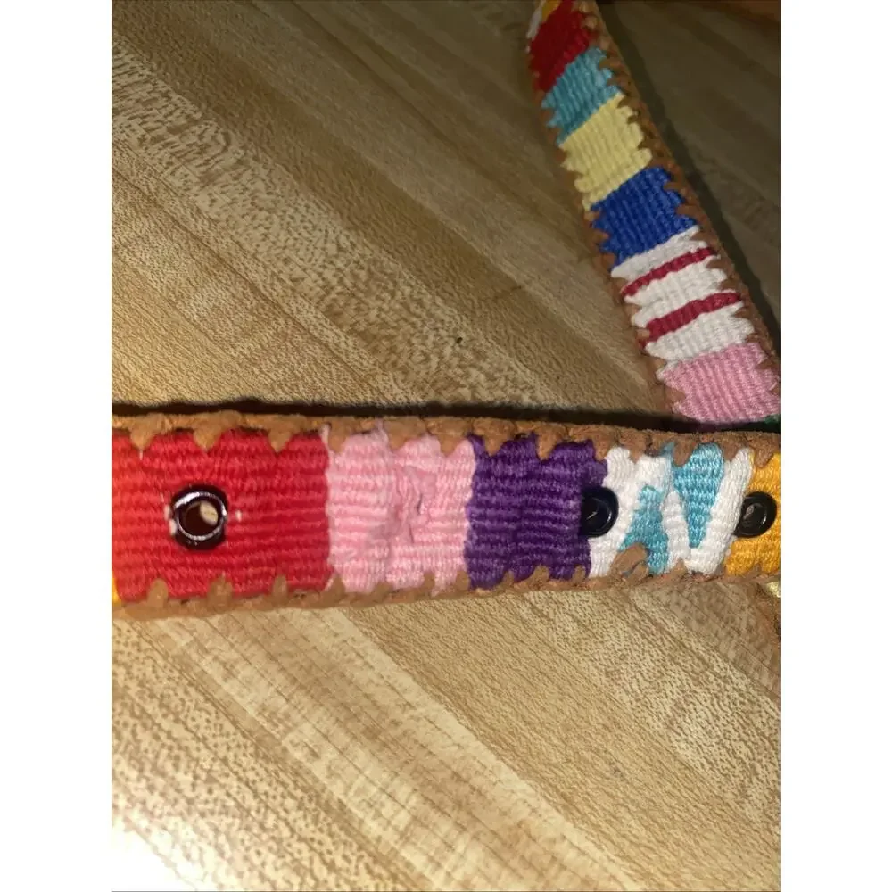 Vintage Leather Woven Belt Guatemala Rainbow Whip Stitch Geometric Western 32”
